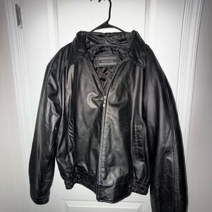 Calvin Klein Black Leather Bomber Jacket with Glossy Finish